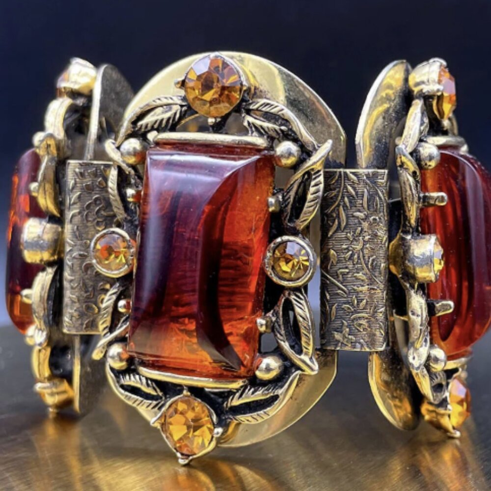 Vintage 1950s Selro Art Deco Tortoise Shell Lucite Bracelet Gold Tone & Stones